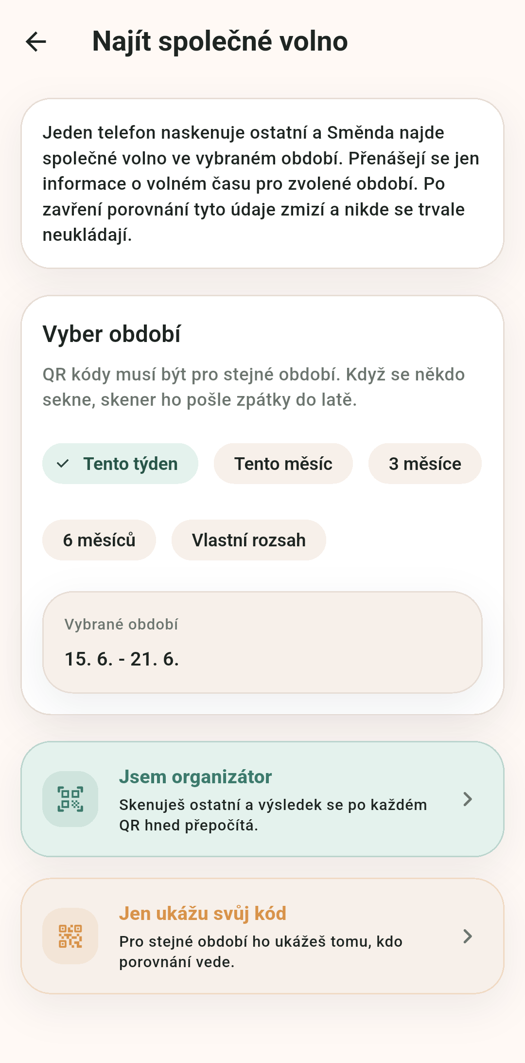 Offline QR porovnání společného volna ve Směndě