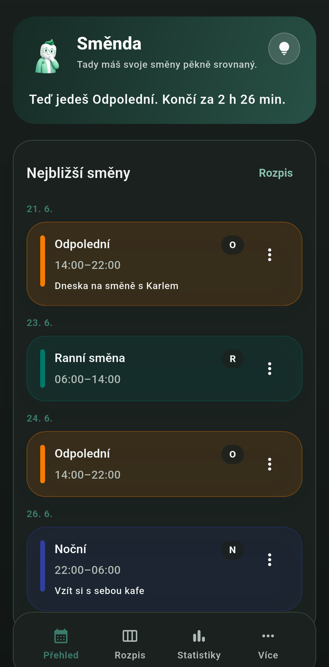 Tmavý režim s přehledem směn ve Směndě