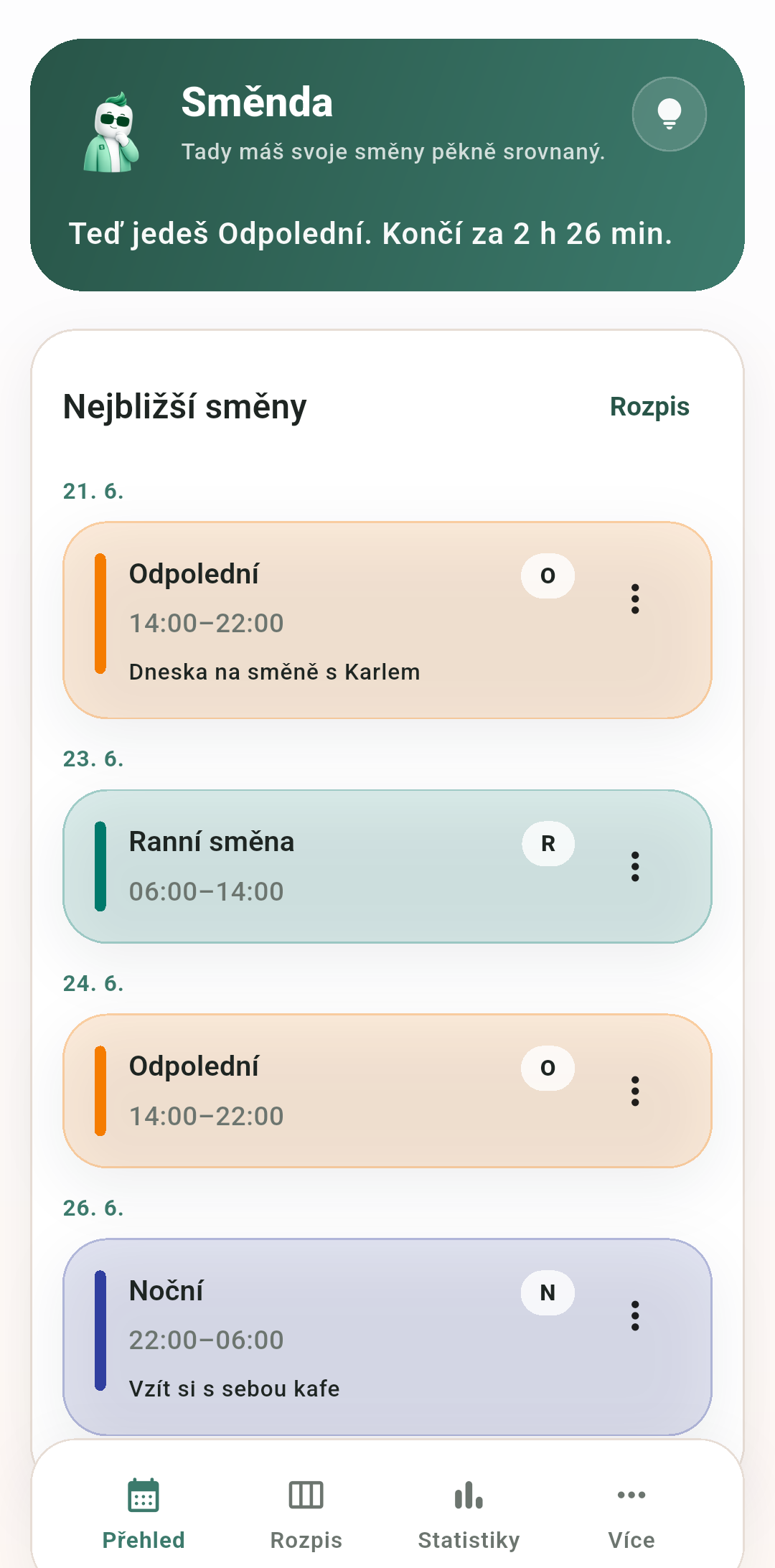 Přehled dnešní a nejbližších směn v aplikaci Směnda