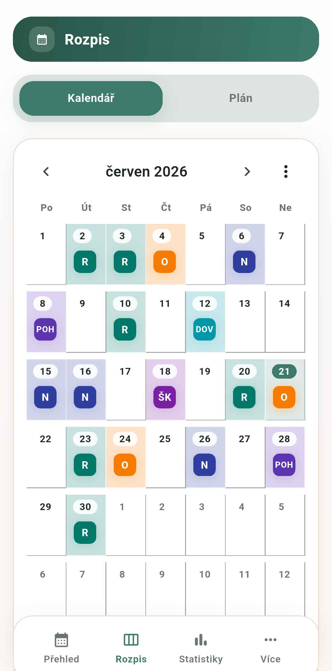 Měsíční kalendář pracovních směn ve Směndě